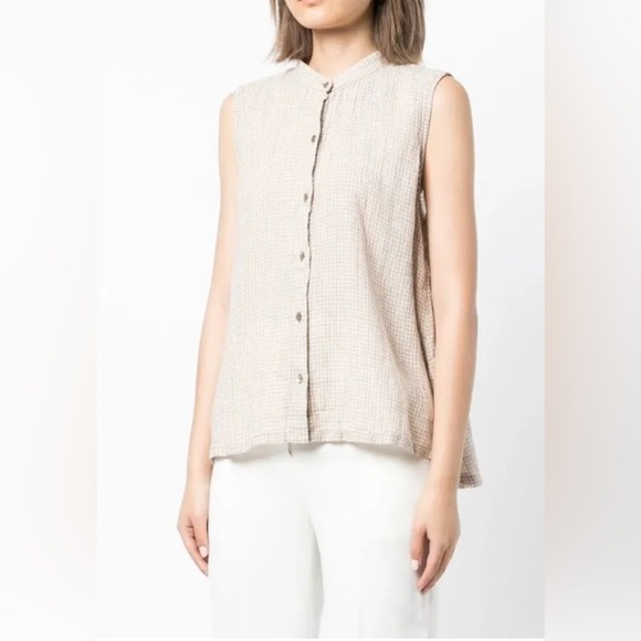 Eileen Fisher Cream100%linen Sleeveless Blouse Sleeveless Button-Up Shirt L/G - Picture 2 of 13